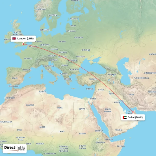 Dubai - London direct flight map