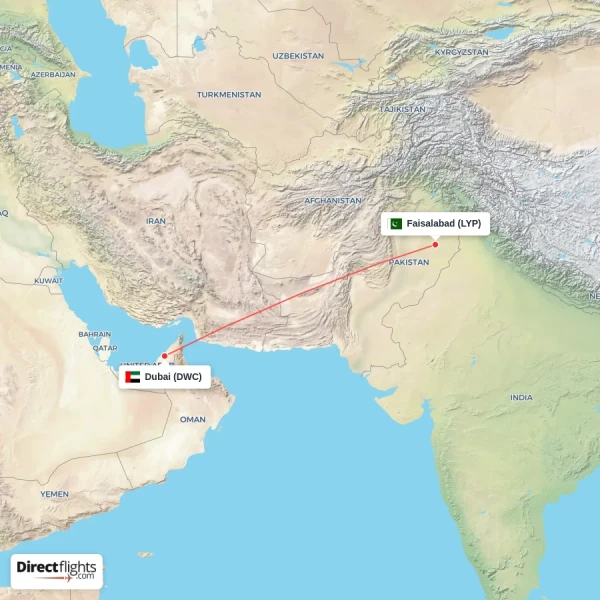 Dubai - Faisalabad direct flight map