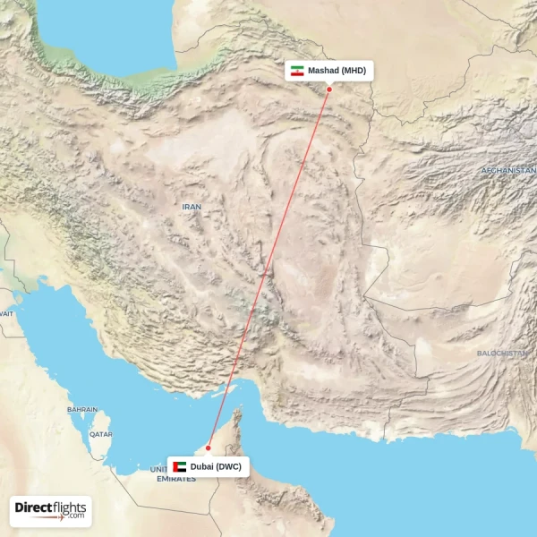 Dubai - Mashad direct flight map
