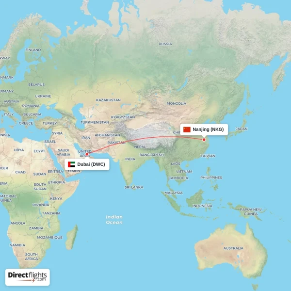 Dubai - Nanjing direct flight map