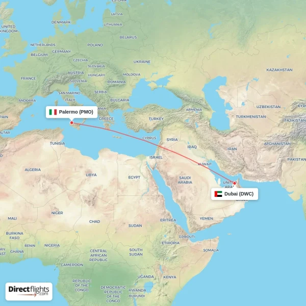 Dubai - Palermo direct flight map
