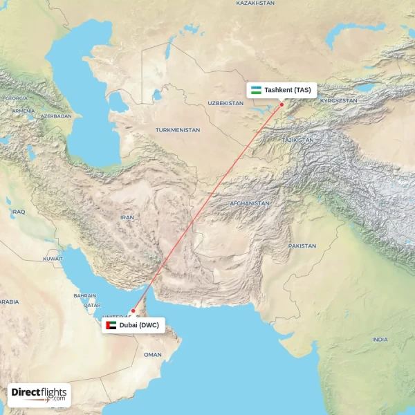 Dubai - Tashkent direct flight map