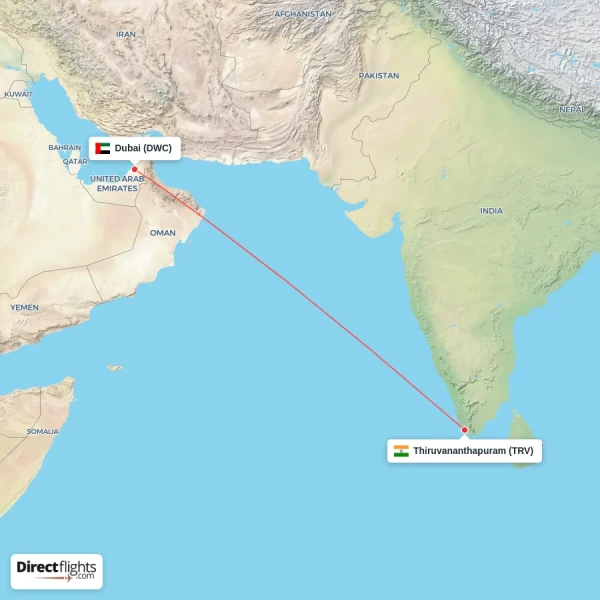 Dubai - Thiruvananthapuram direct flight map