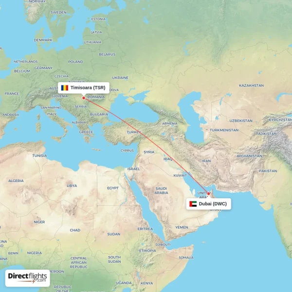Dubai - Timisoara direct flight map