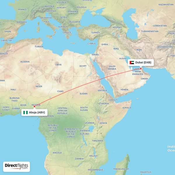 Dubai - Abuja direct flight map