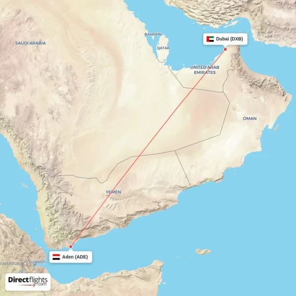 Dubai - Aden direct flight map