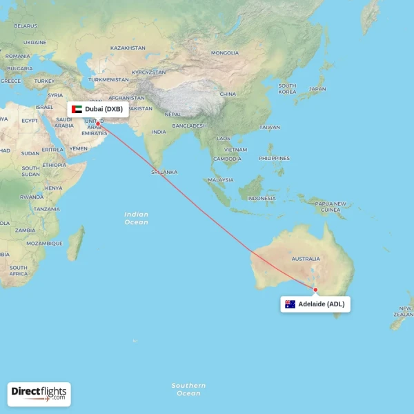 Dubai - Adelaide direct flight map