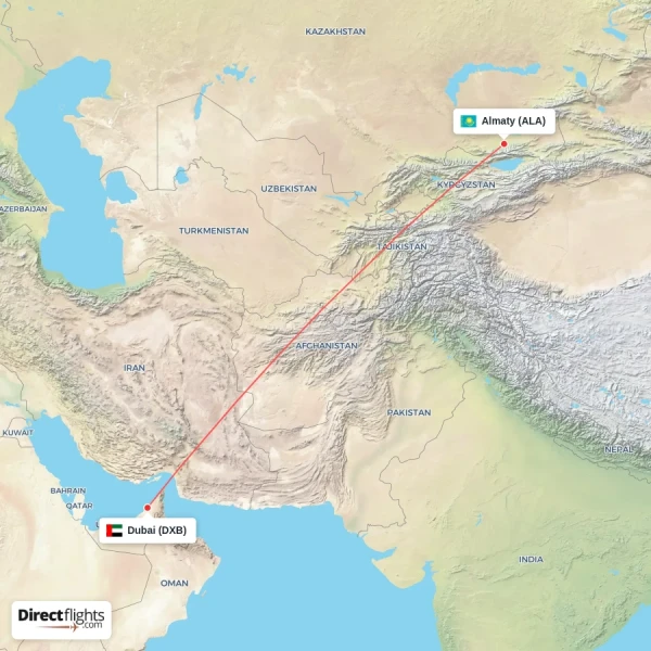 Dubai - Almaty direct flight map