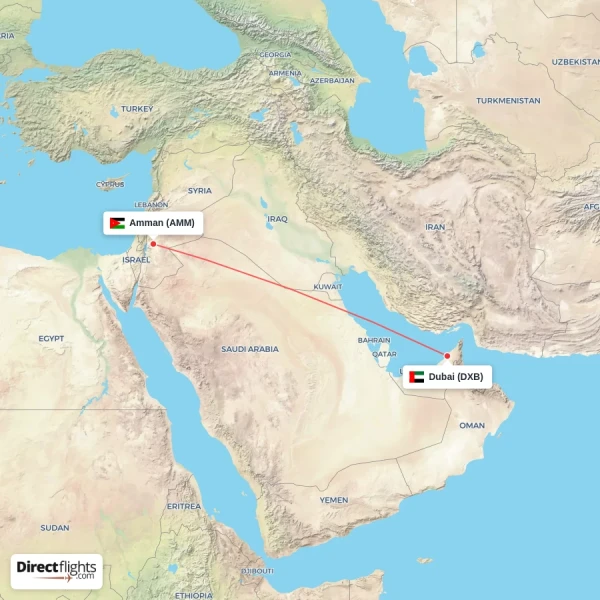 Dubai - Amman direct flight map