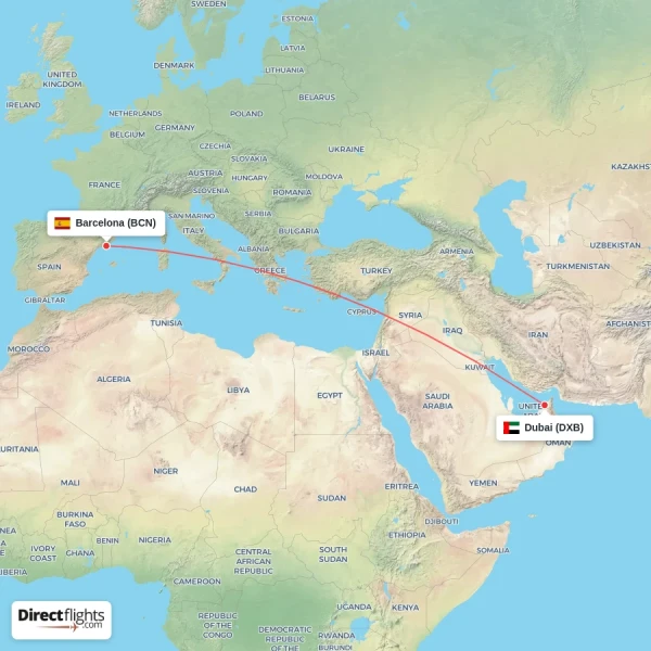 Dubai - Barcelona direct flight map