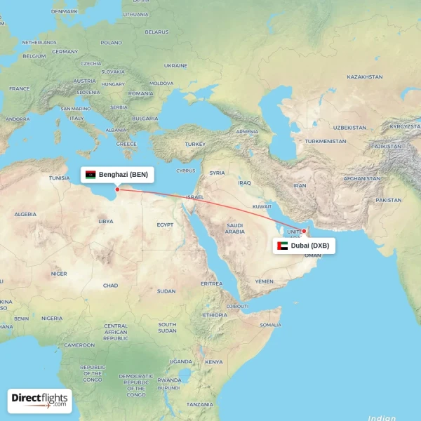 Dubai - Benghazi direct flight map
