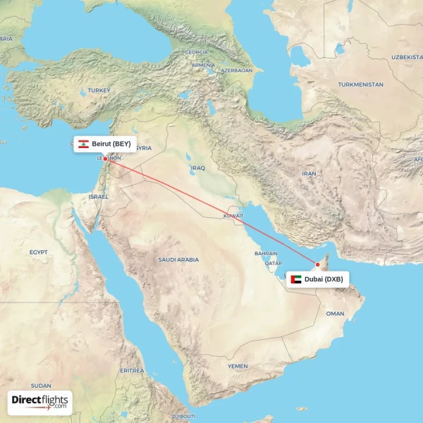Dubai - Beirut direct flight map