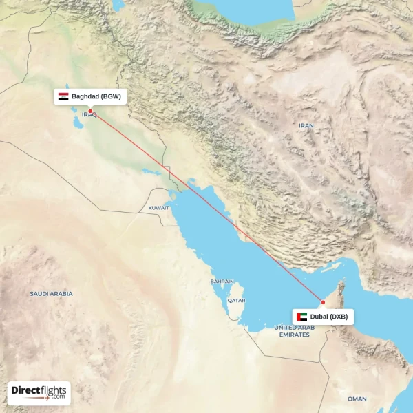Dubai - Baghdad direct flight map