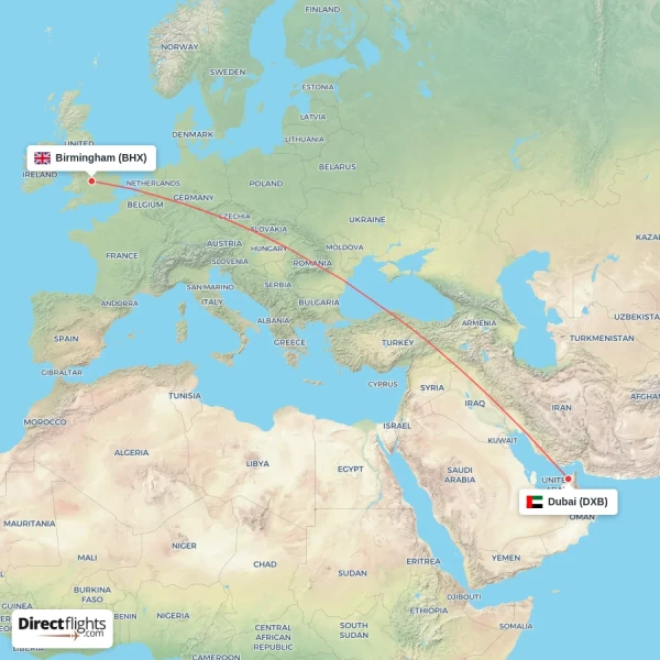 Dubai - Birmingham direct flight map