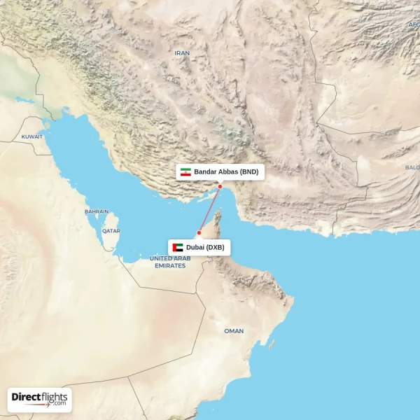 Dubai - Bandar Abbas direct flight map