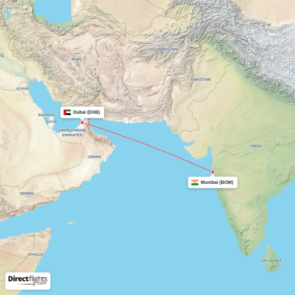 Dubai - Mumbai direct flight map