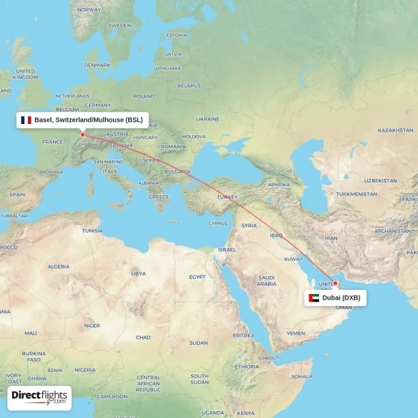 Dubai - Basel, Switzerland/Mulhouse direct flight map