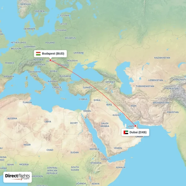 Dubai - Budapest direct flight map