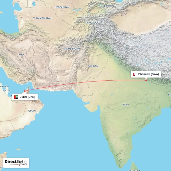 Dubai - Bhairawa direct flight map