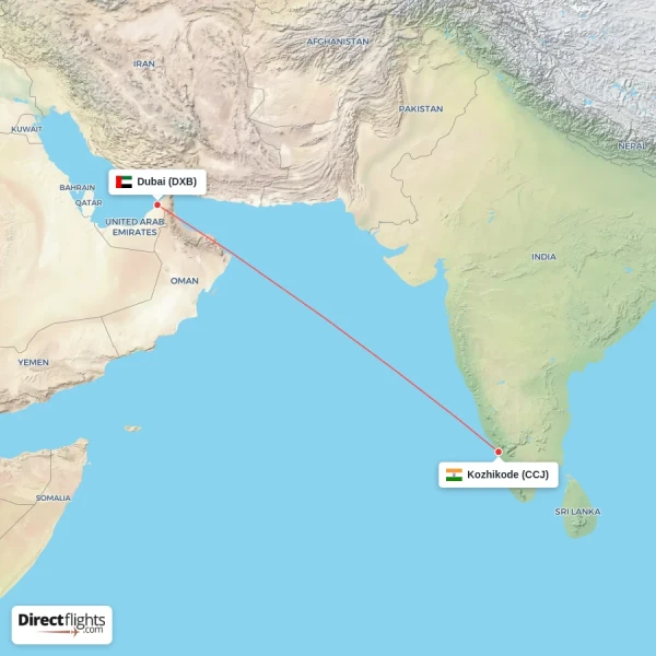 Dubai - Kozhikode direct flight map