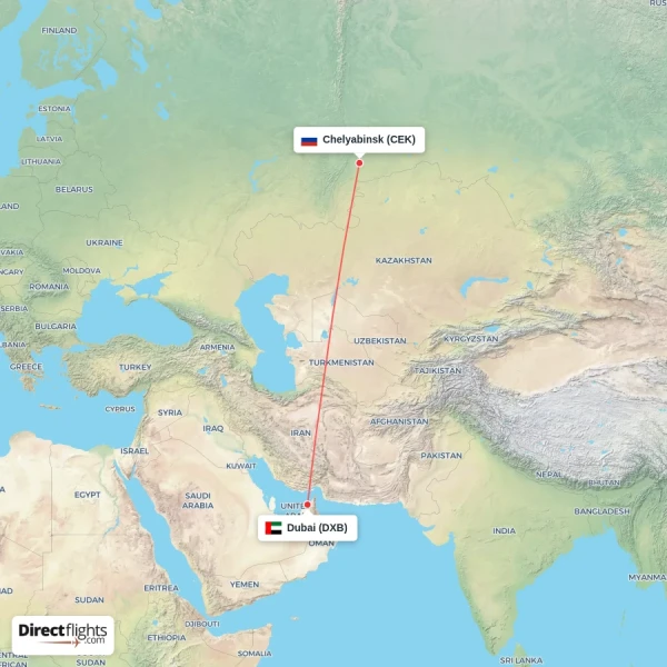 Dubai - Chelyabinsk direct flight map