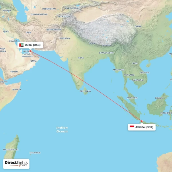 Dubai - Jakarta direct flight map