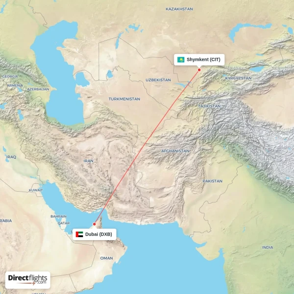 Dubai - Shymkent direct flight map