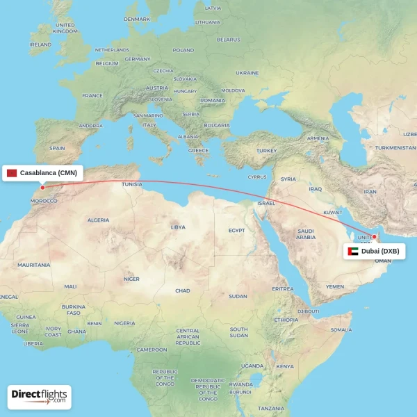 Dubai - Casablanca direct flight map