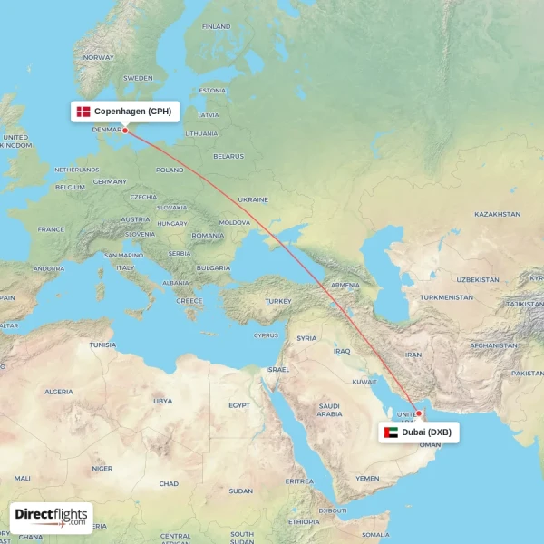 Dubai - Copenhagen direct flight map