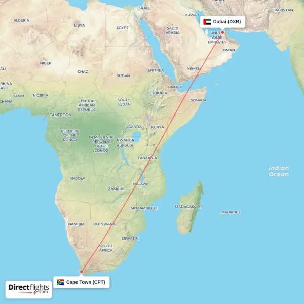 Dubai - Cape Town direct flight map