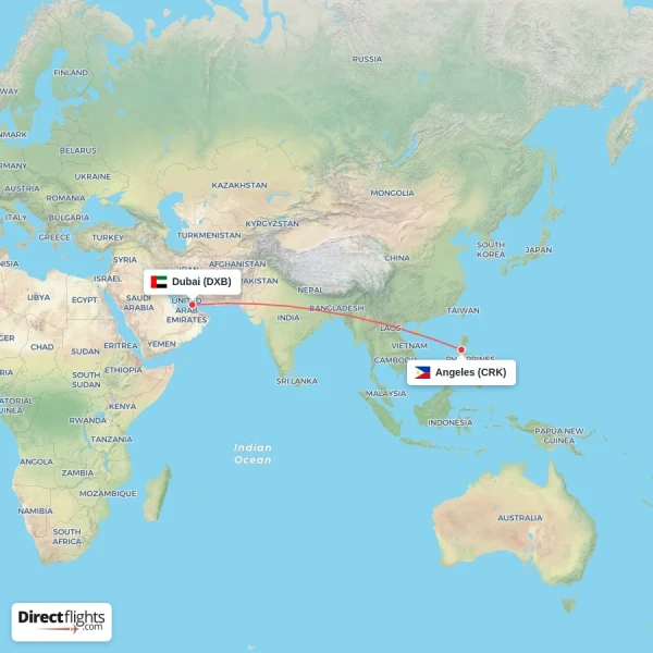 Dubai - Angeles direct flight map