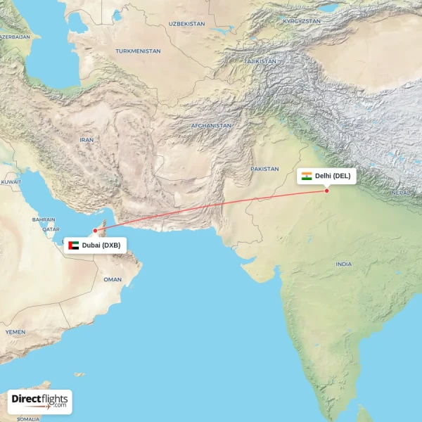 Dubai - Delhi direct flight map