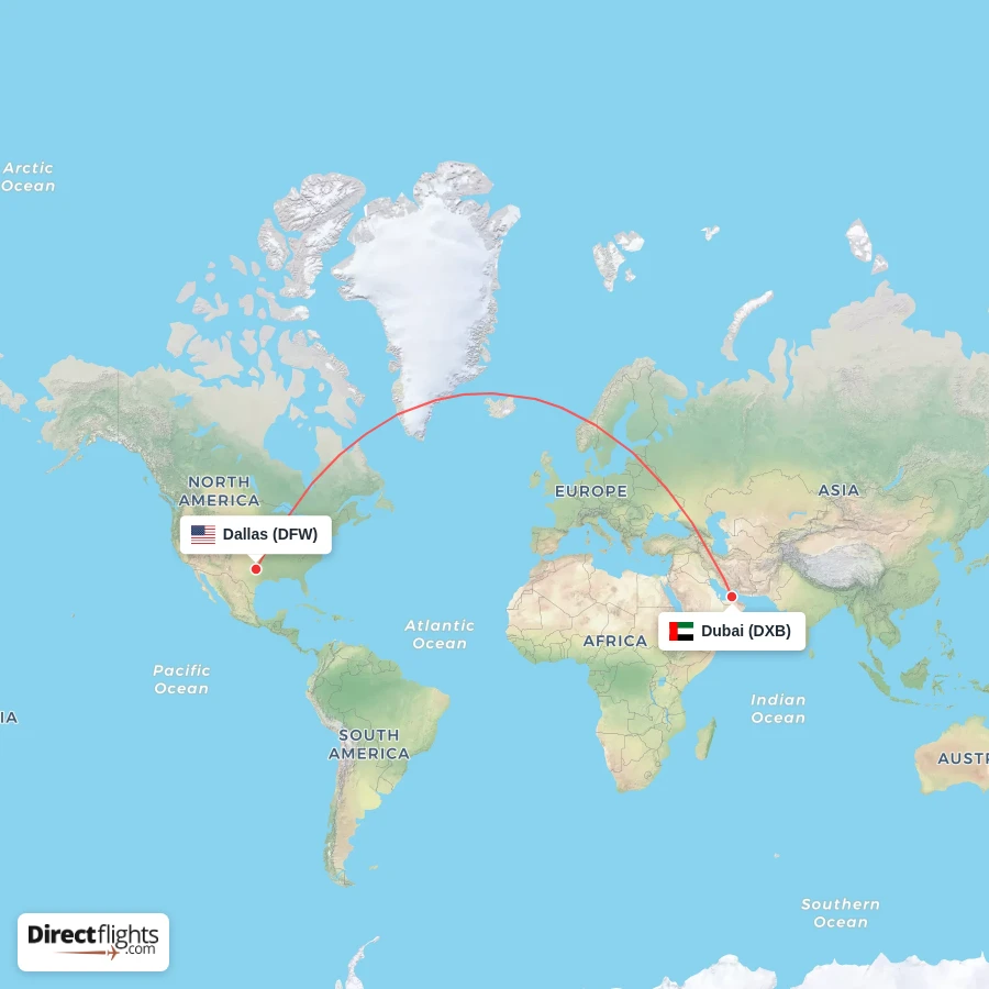 DXB - DFW route map