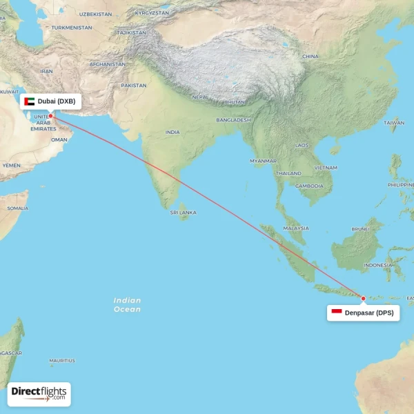 Dubai - Denpasar direct flight map