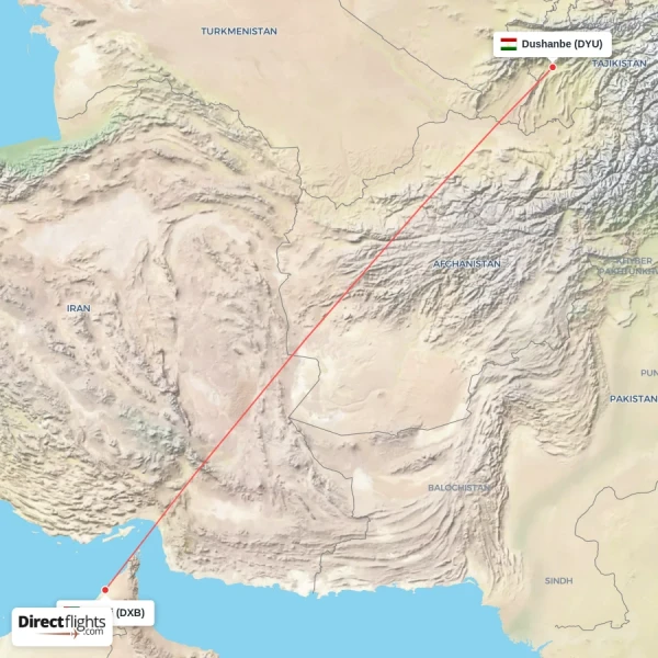 Dubai - Dushanbe direct flight map