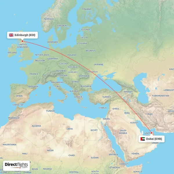 Dubai - Edinburgh direct flight map