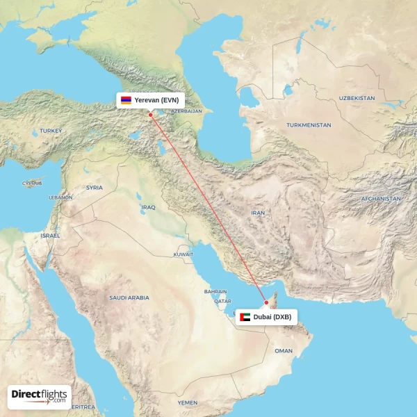 Dubai - Yerevan direct flight map