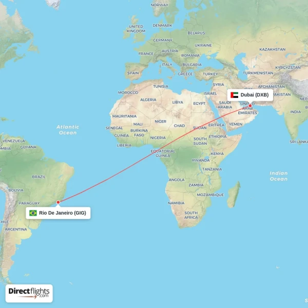 Dubai - Rio De Janeiro direct flight map