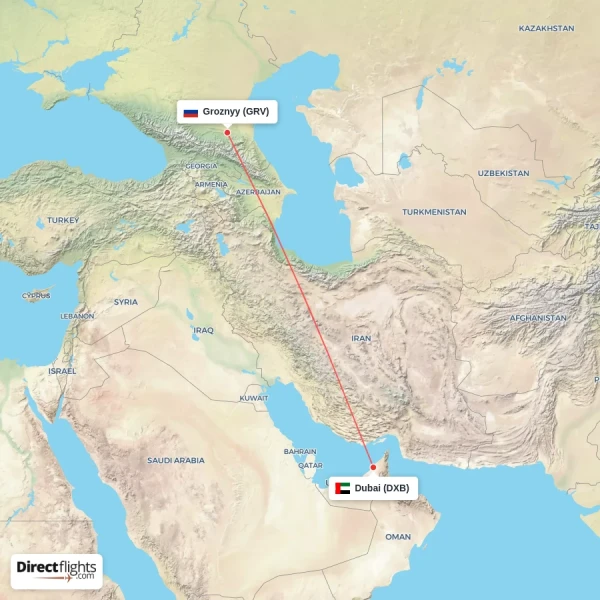 Dubai - Groznyy direct flight map