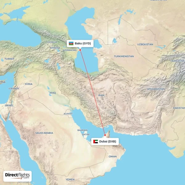Dubai - Baku direct flight map