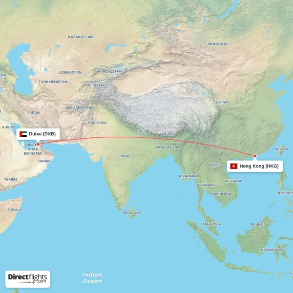 Dubai - Hong Kong direct flight map