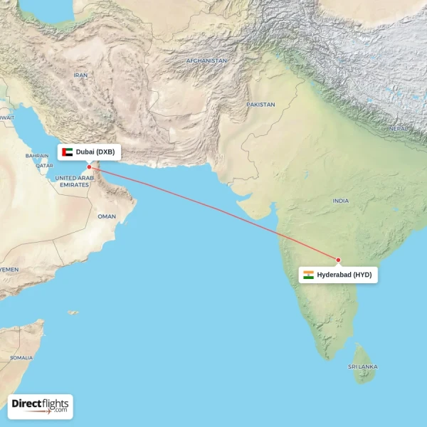 Dubai - Hyderabad direct flight map