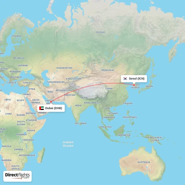 Dubai - Seoul direct flight map