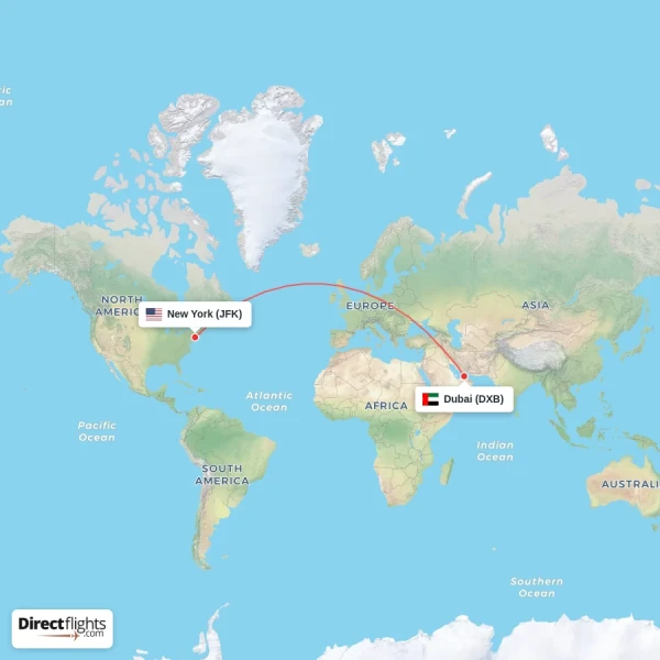 Dubai - New York direct flight map