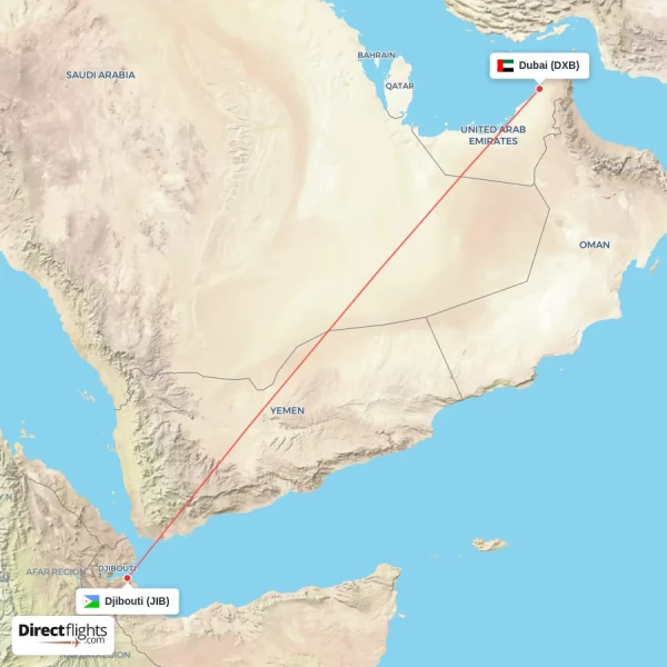 Dubai - Djibouti direct flight map