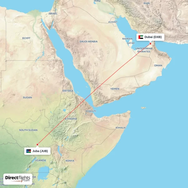 Dubai - Juba direct flight map
