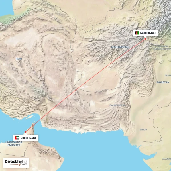 Dubai - Kabul direct flight map