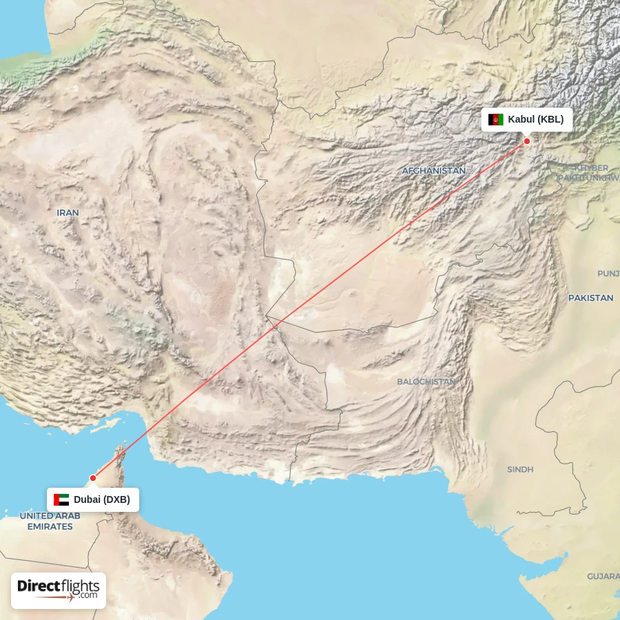 DXB - KBL route map