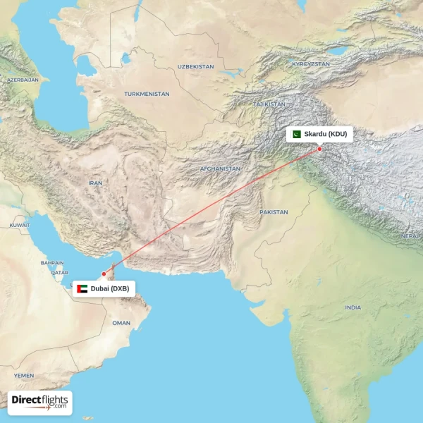 Dubai - Skardu direct flight map