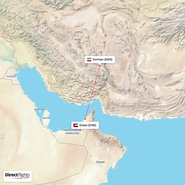 Dubai - Kerman direct flight map